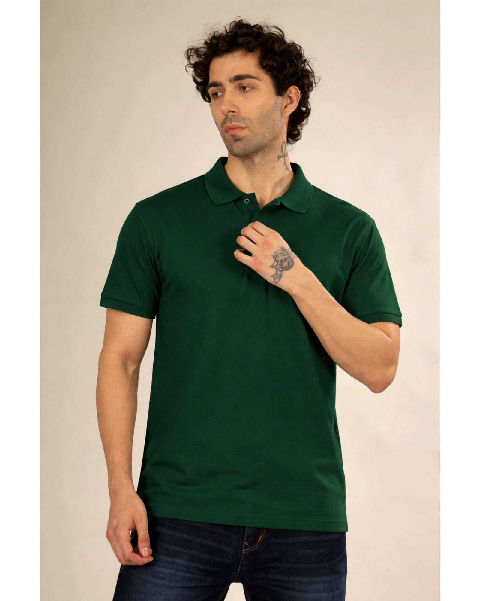 (240 Gsm Cotton )Polo Collar T-Shirt (Bottle Green)  (Without Branding )